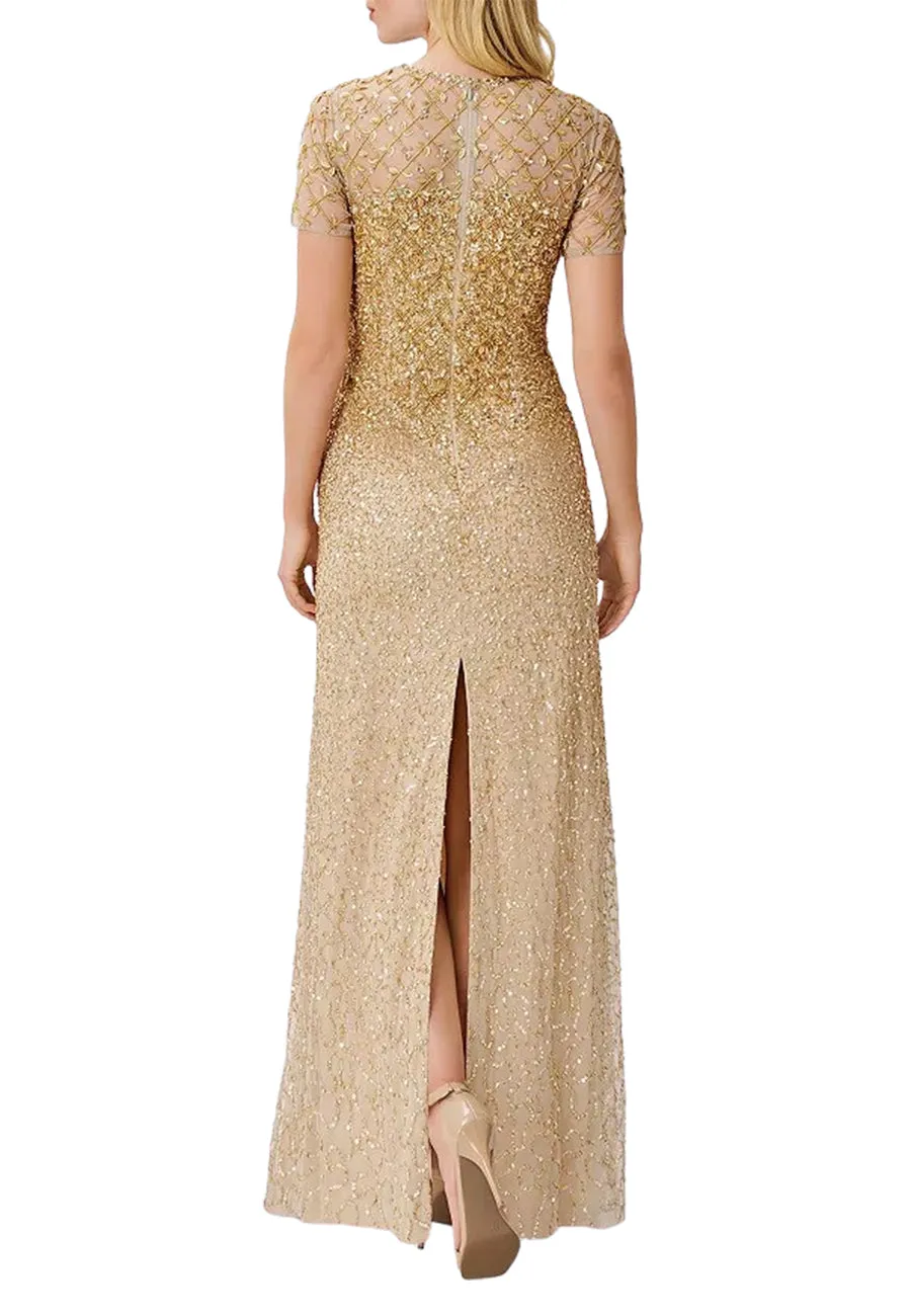 Gold Beaded Back Slit Gown