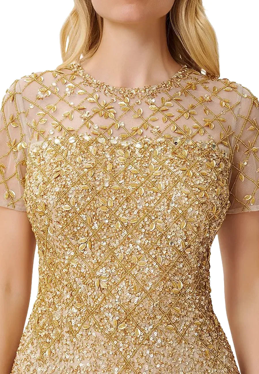 Gold Beaded Back Slit Gown