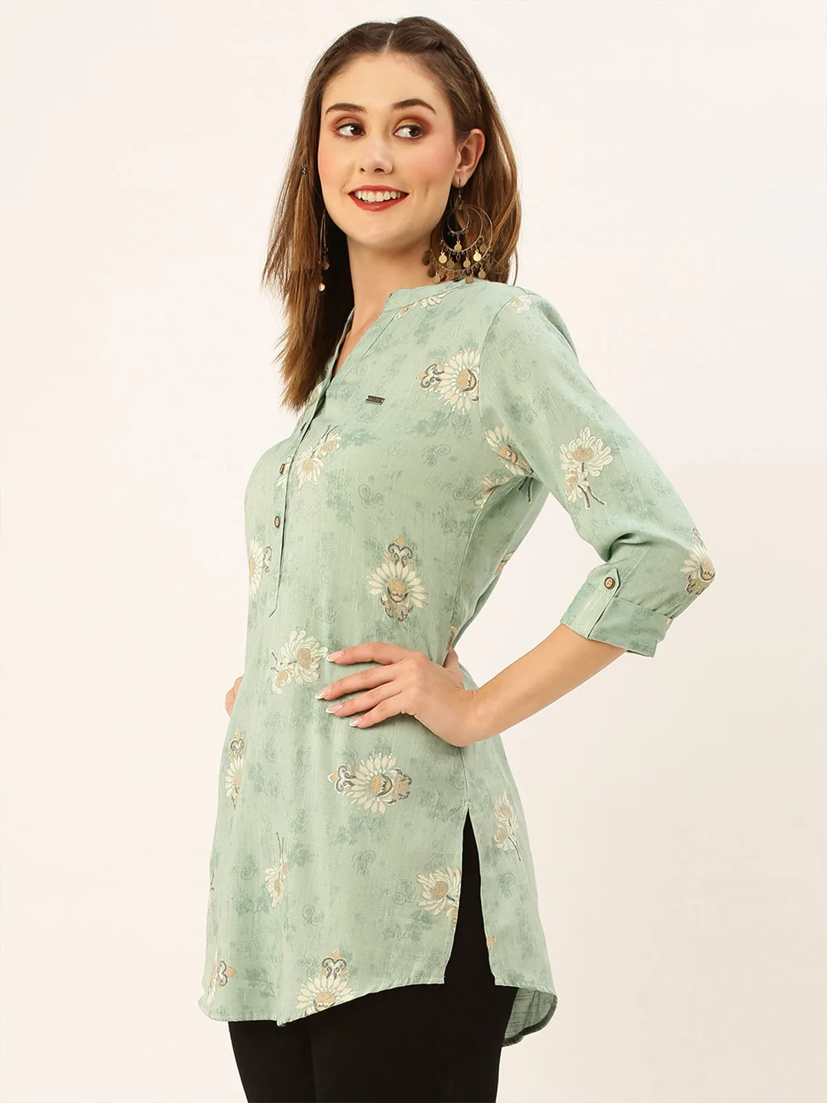 Odette  Green Printed Rayon Stitched Short Kurta For Women