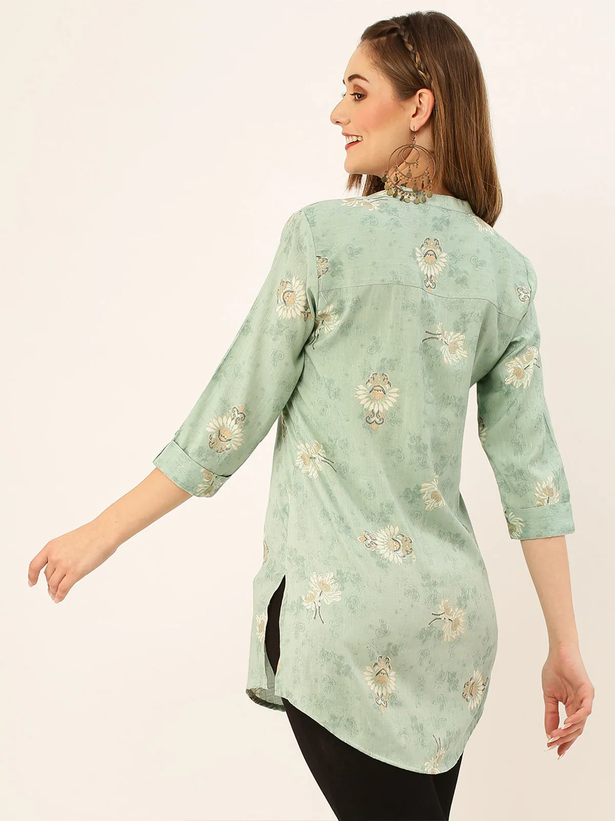 Odette  Green Printed Rayon Stitched Short Kurta For Women