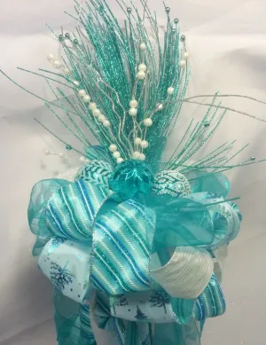 Ribbon Tree topper, Blue Green and white tree topper, Bow Tree Topper