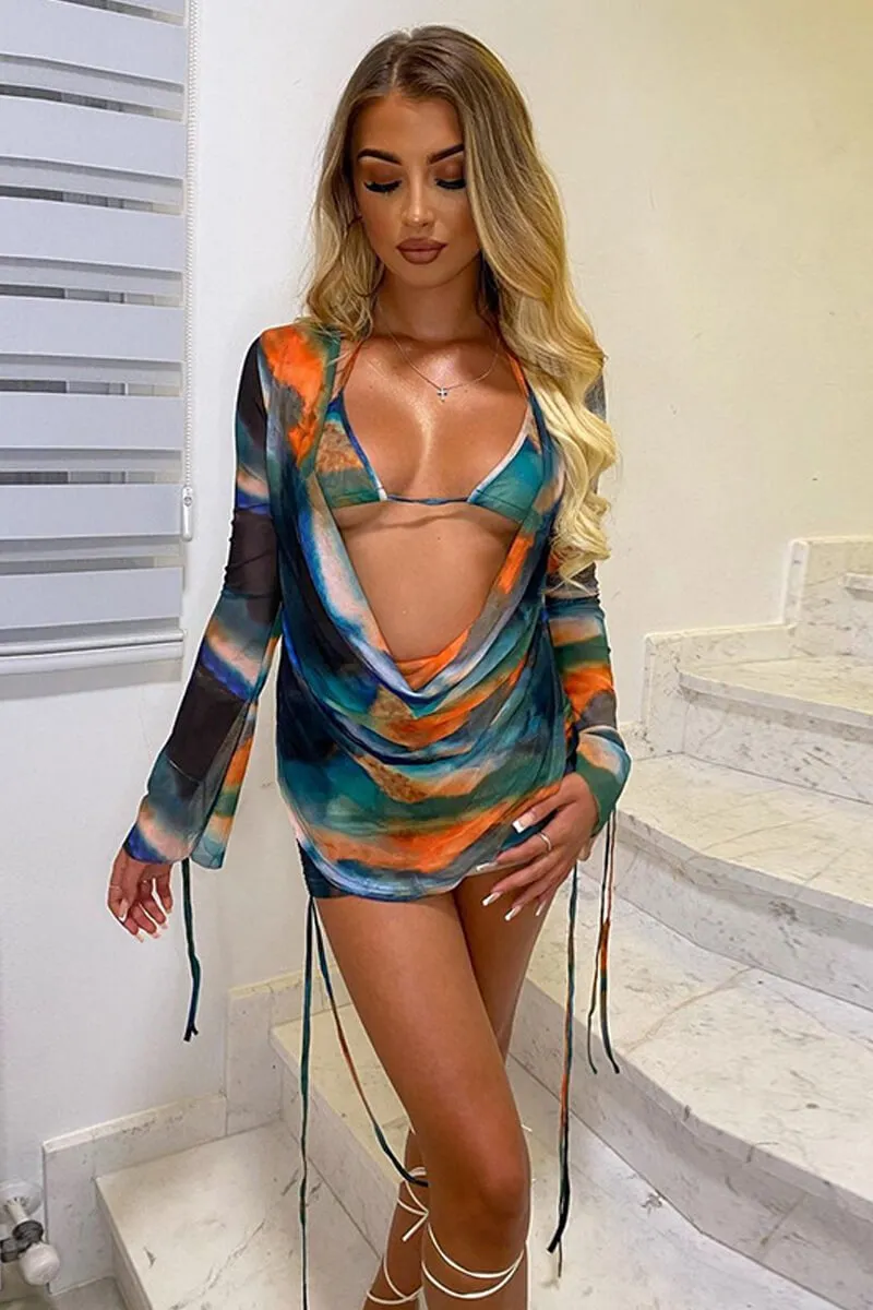 Tie Dye Three Piece Bikini Set With Cover Up